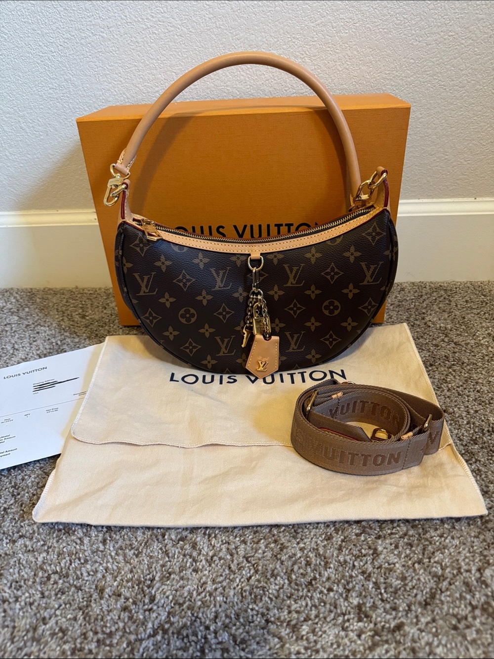 Louis Vuitton Brown Monogram Crescent Crossbody with Tan Handle